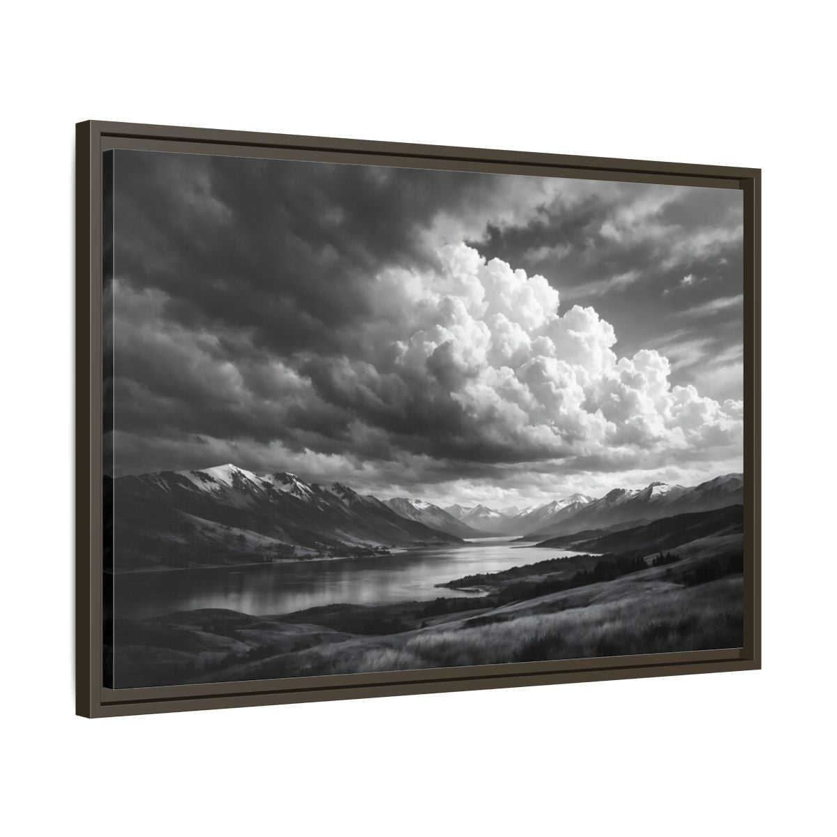 Side Mockup 11. Nature Mountain Lake Black White Mountains shown as stretched canvas wall art