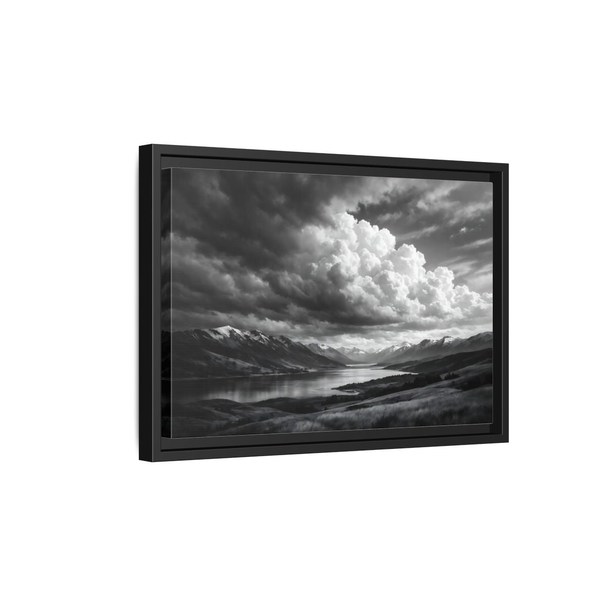 Side Mockup 6. Nature Mountain Lake Black White Mountains shown as stretched canvas wall art