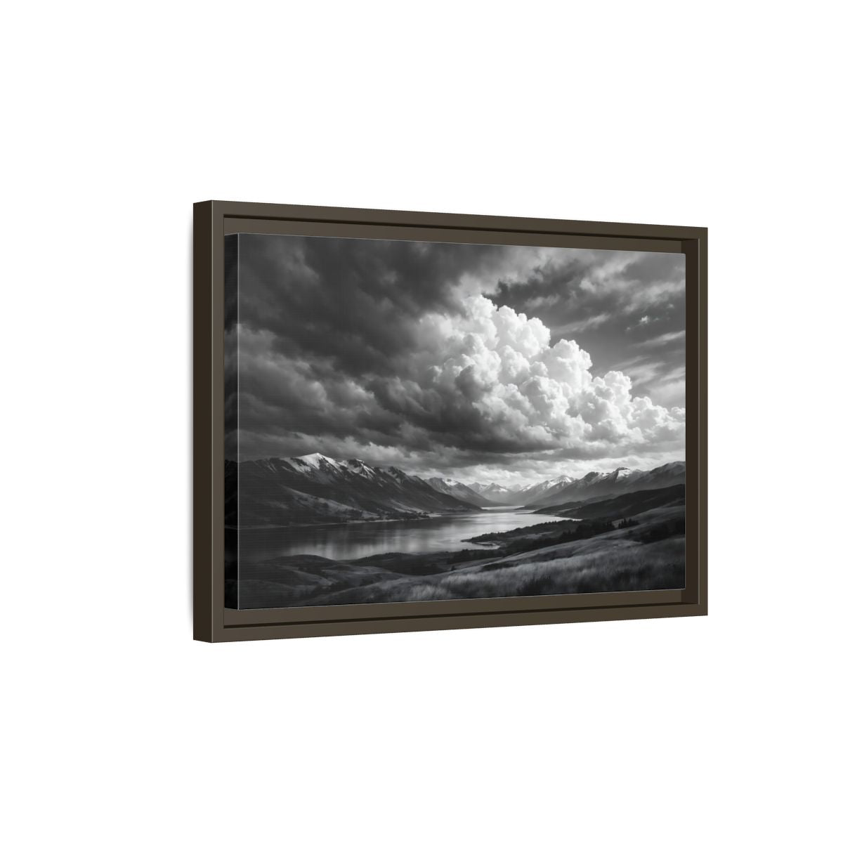 Side Mockup 5. Nature Mountain Lake Black White Mountains shown as stretched canvas wall art