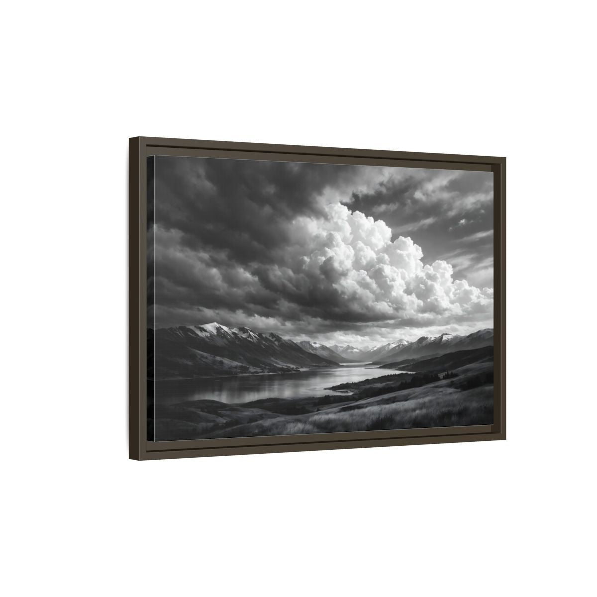 Side Mockup 2. Nature Mountain Lake Black White Mountains shown as stretched canvas wall art