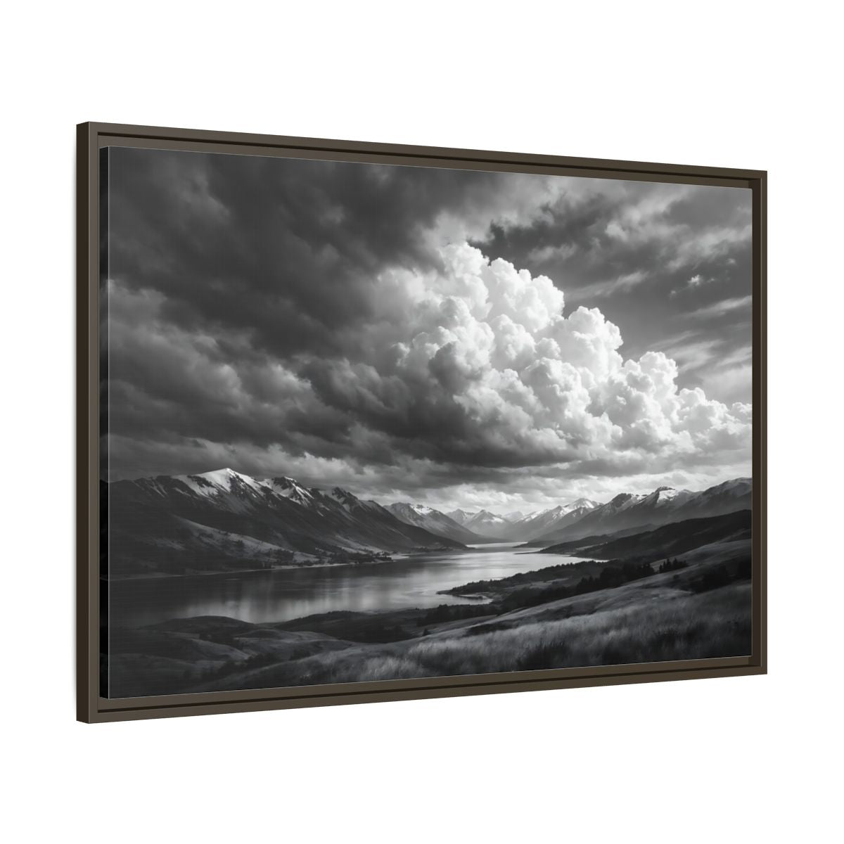 Main Mockup. Nature Mountain Lake Black White Mountains shown as stretched canvas wall art