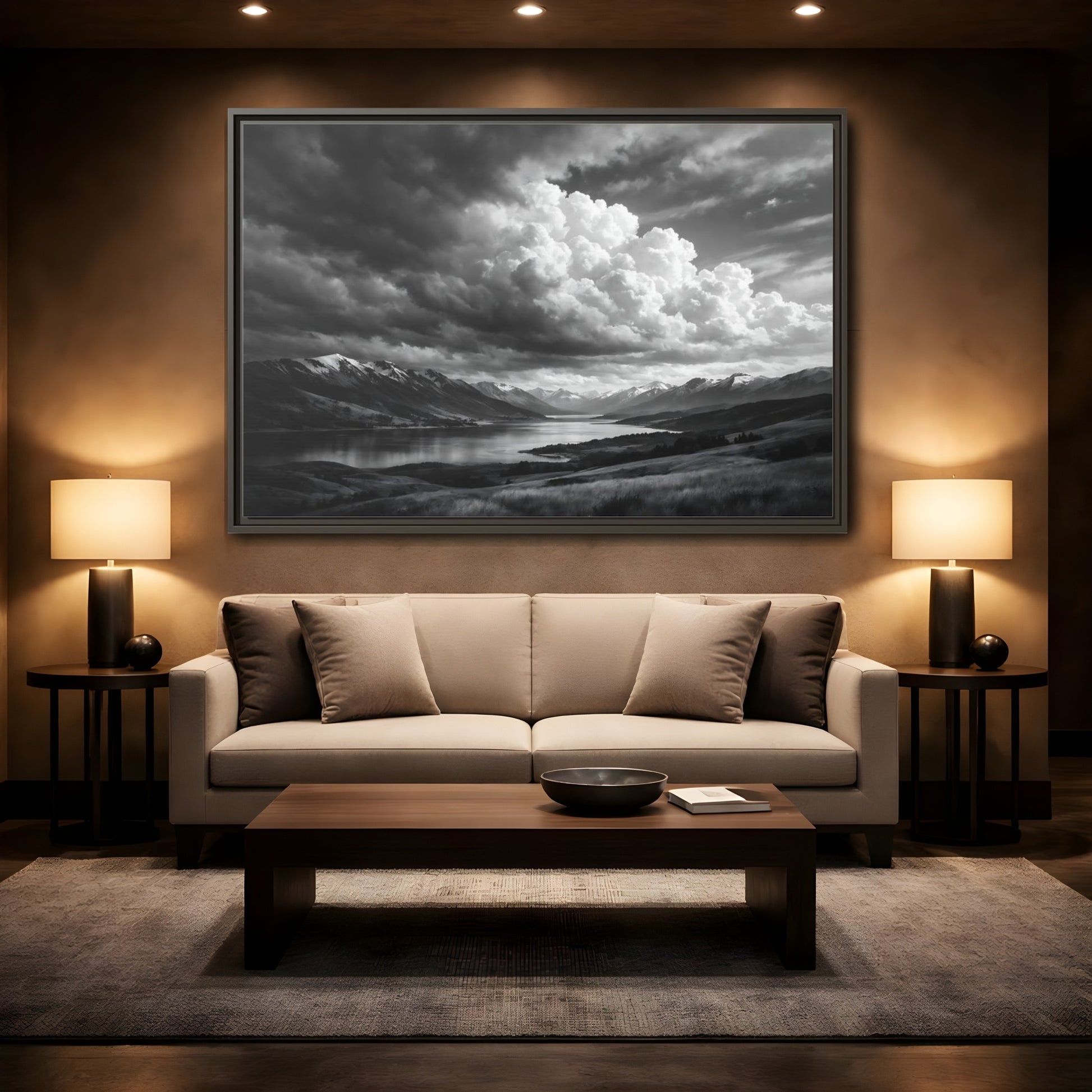 Mockup 2. Nature Mountain Lake Black White Mountains shown as stretched canvas wall art