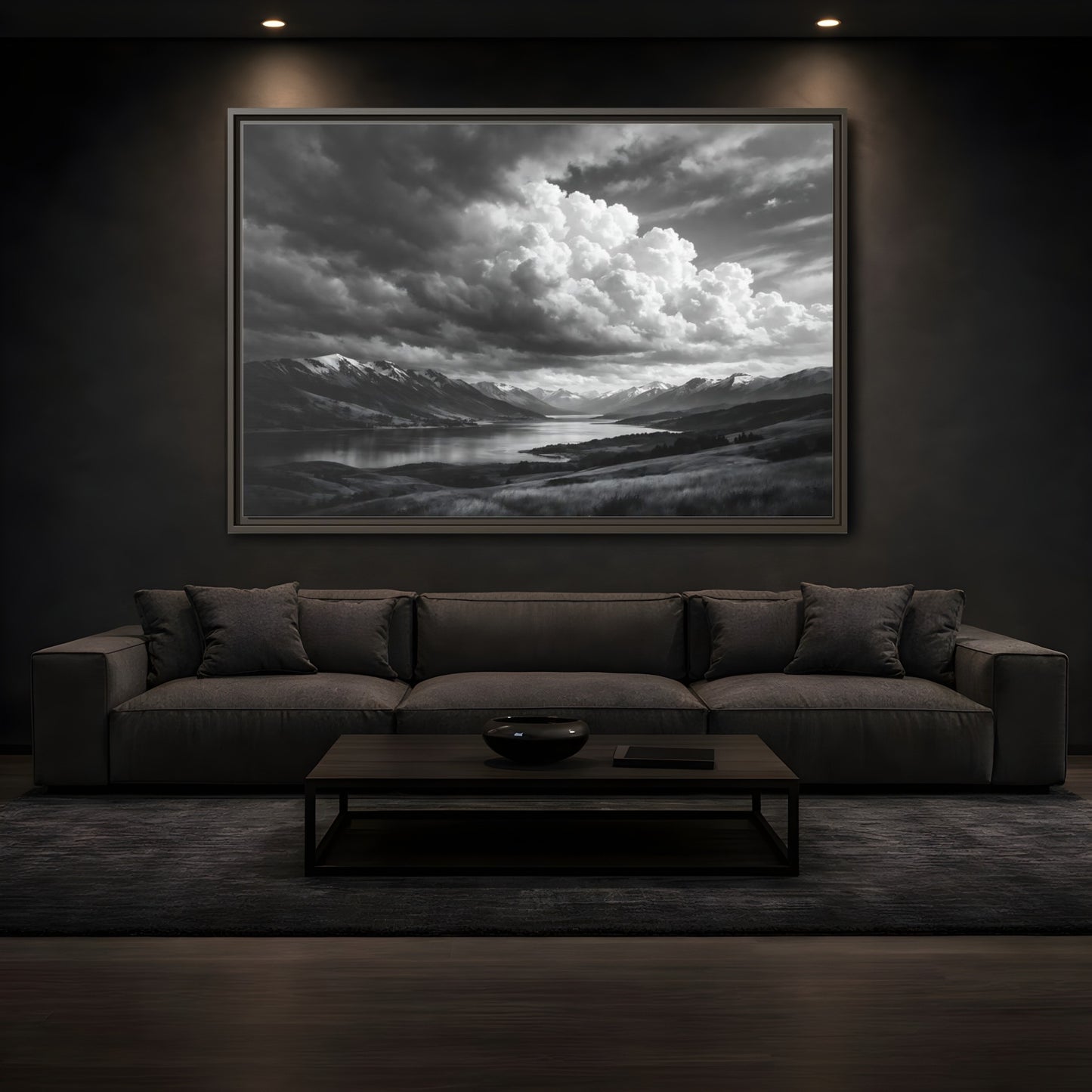 Mockup 3. Nature Mountain Lake Black White Mountains shown as stretched canvas wall art
