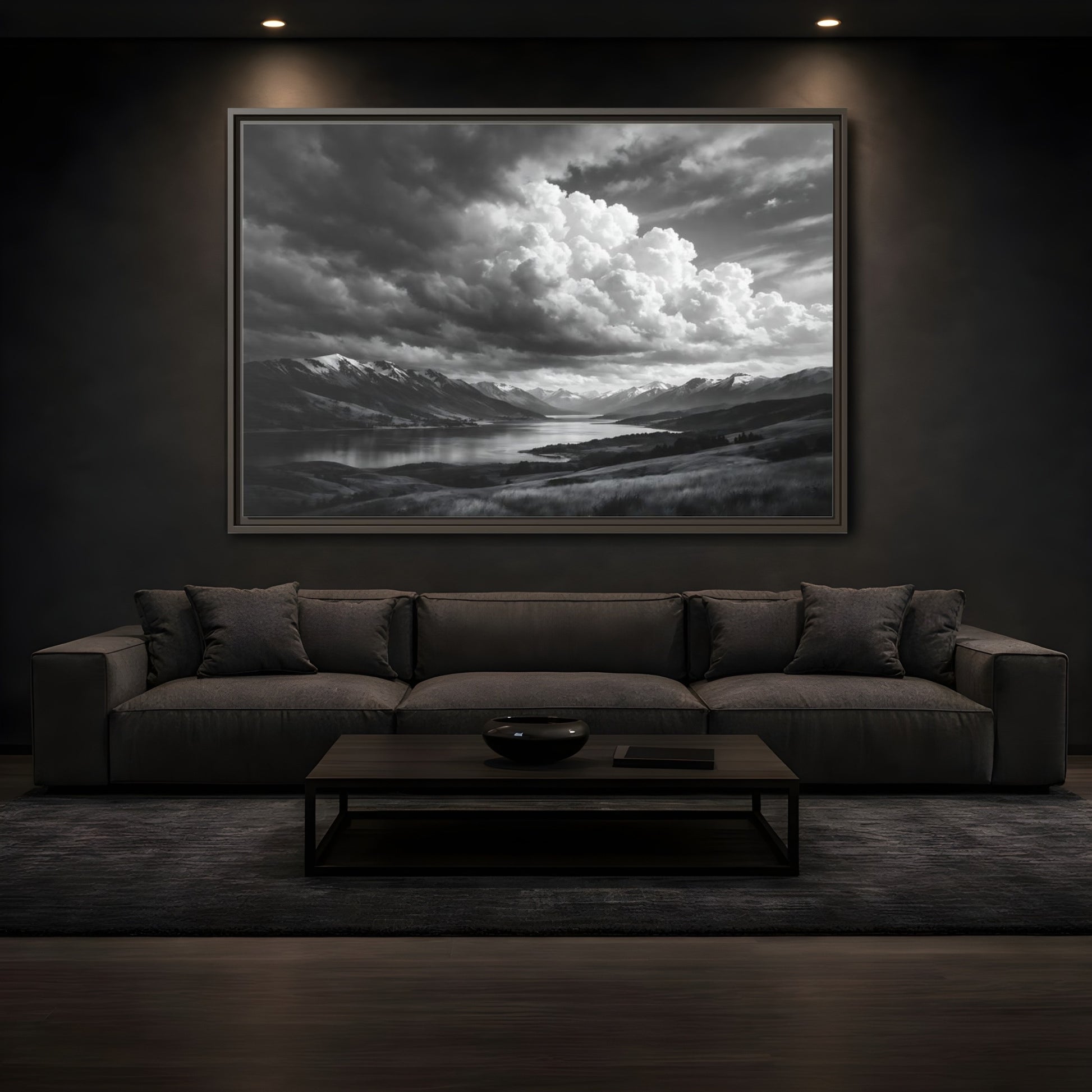 Mockup 3. Nature Mountain Lake Black White Mountains shown as stretched canvas wall art