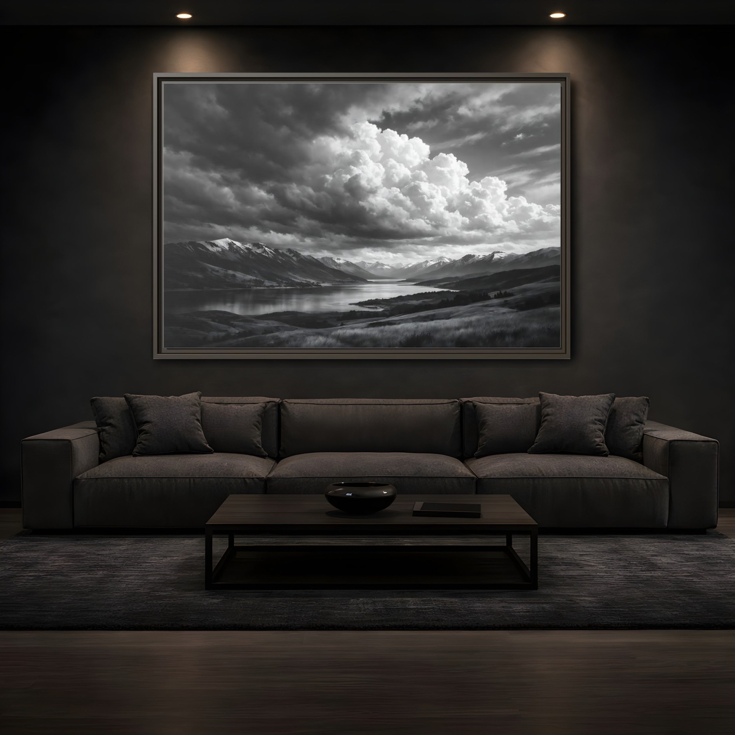 Mockup 3. Nature Mountain Lake Black White Mountains shown as stretched canvas wall art