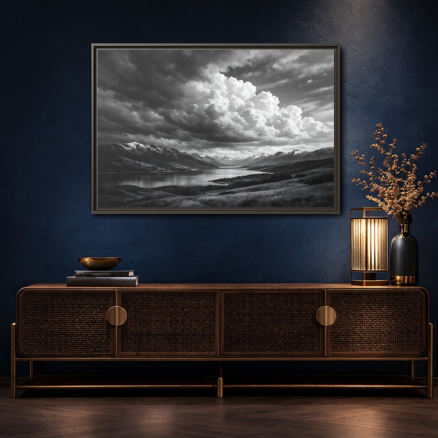 Mockup 4. Nature Mountain Lake Black White Mountains shown as stretched canvas wall art