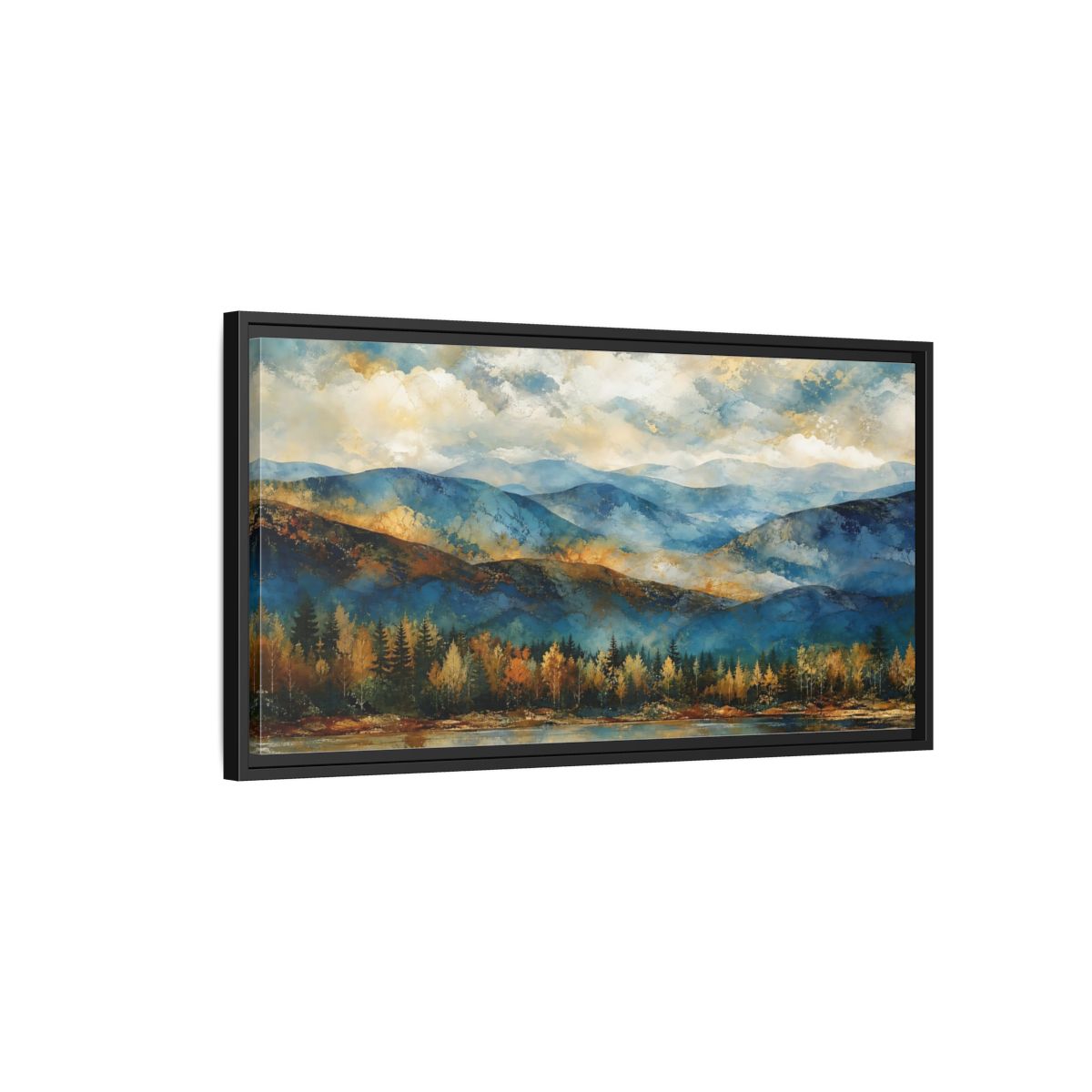 Side Mockup 2. Nature Mountain Lake Blue And Gold Landscape shown as stretched canvas wall art