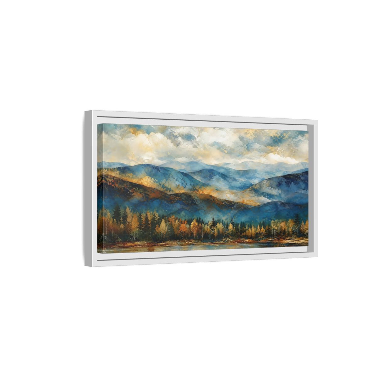 Side Mockup 6. Nature Mountain Lake Blue And Gold Landscape shown as stretched canvas wall art