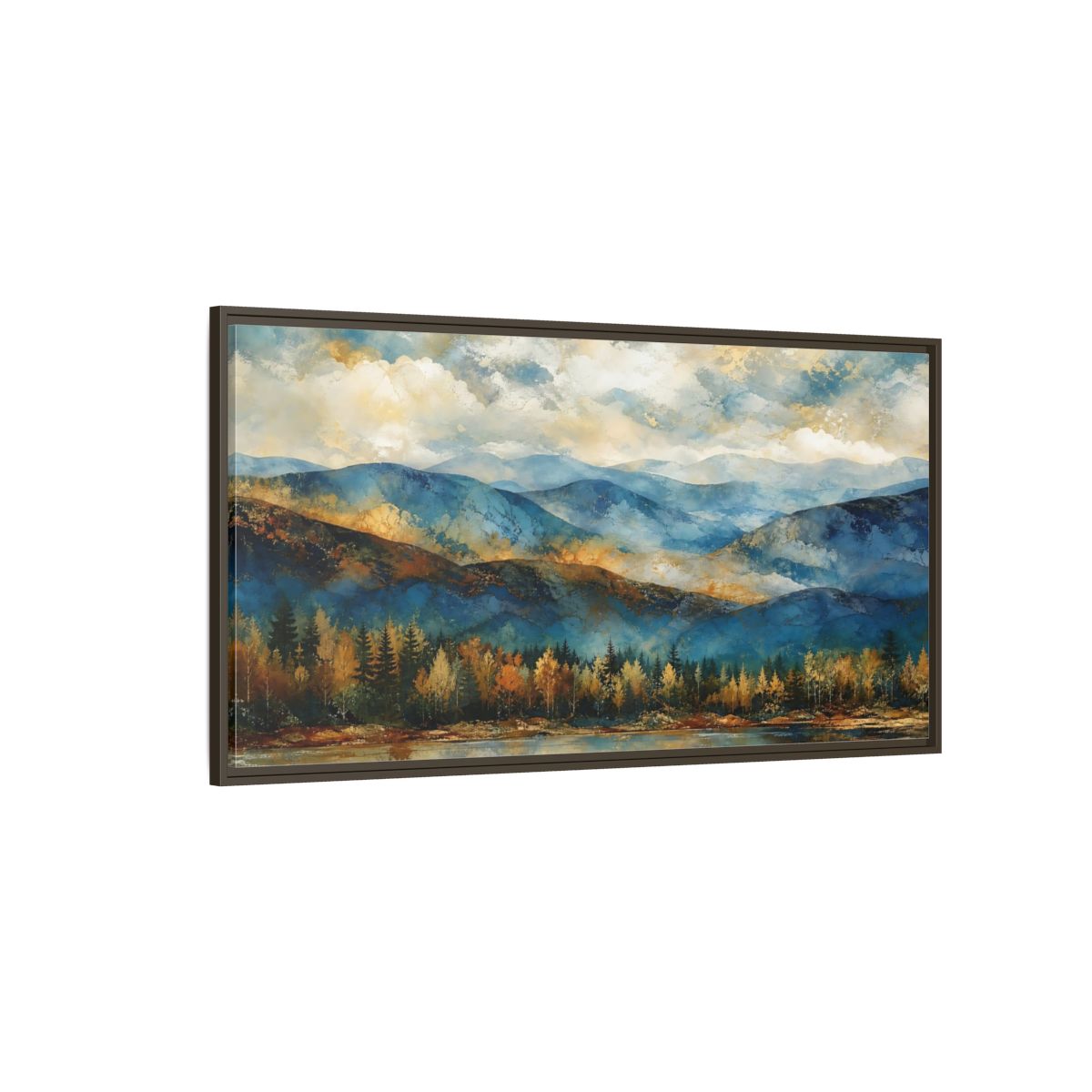Side Mockup 4. Nature Mountain Lake Blue And Gold Landscape shown as stretched canvas wall art