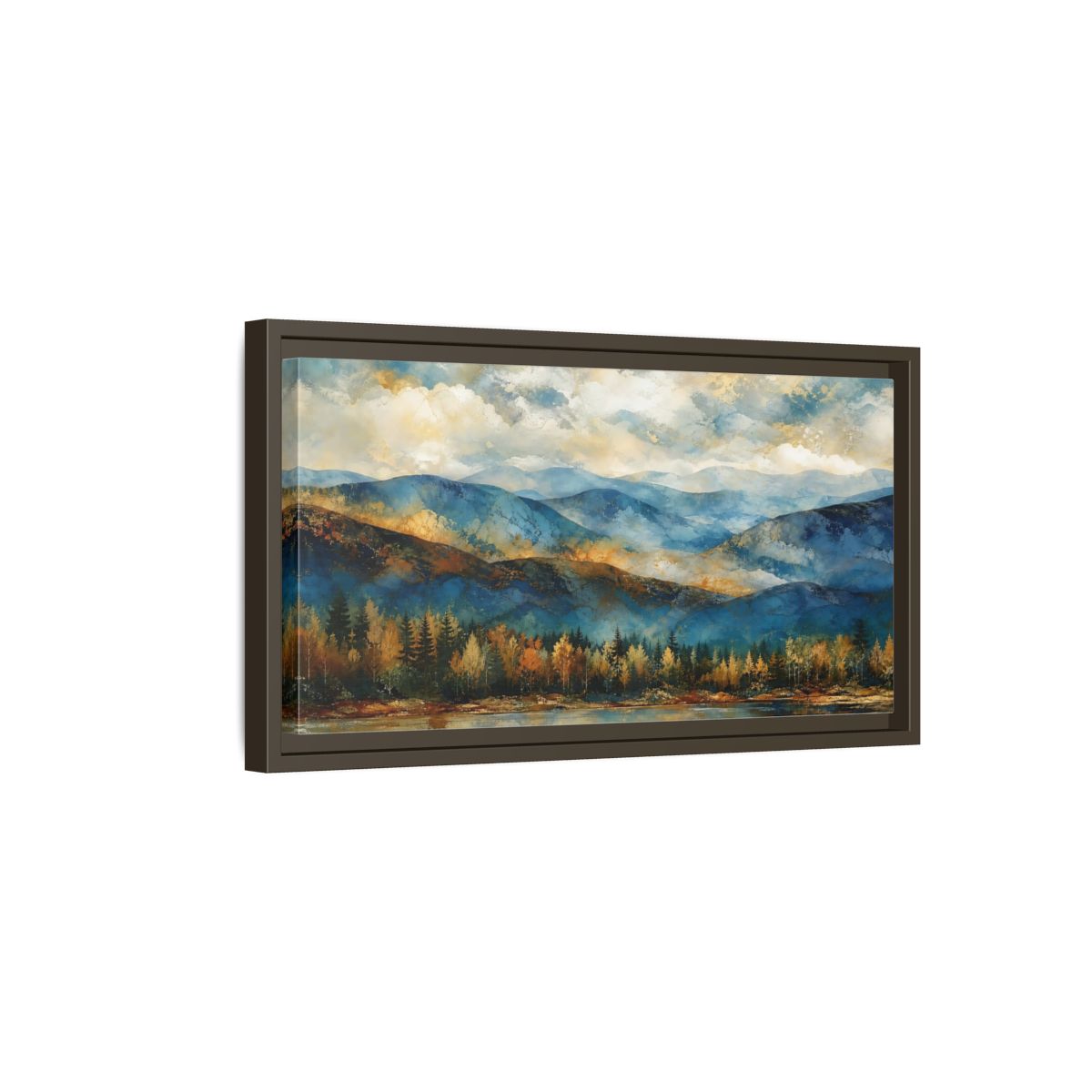 Side Mockup 7. Nature Mountain Lake Blue And Gold Landscape shown as stretched canvas wall art