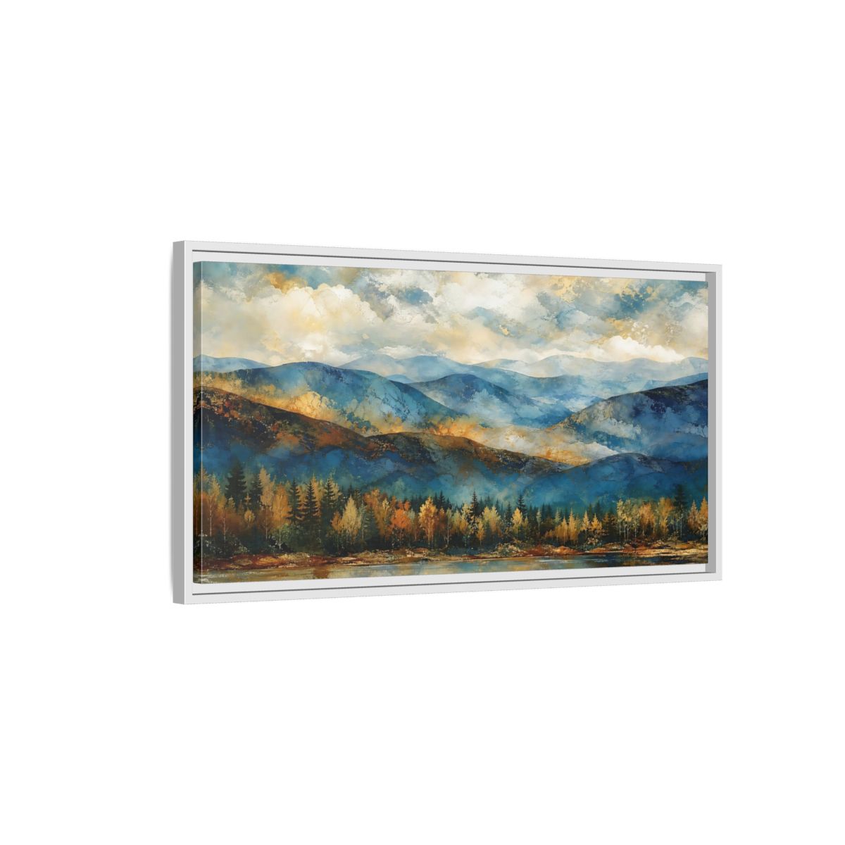 Side Mockup 1. Nature Mountain Lake Blue And Gold Landscape shown as stretched canvas wall art
