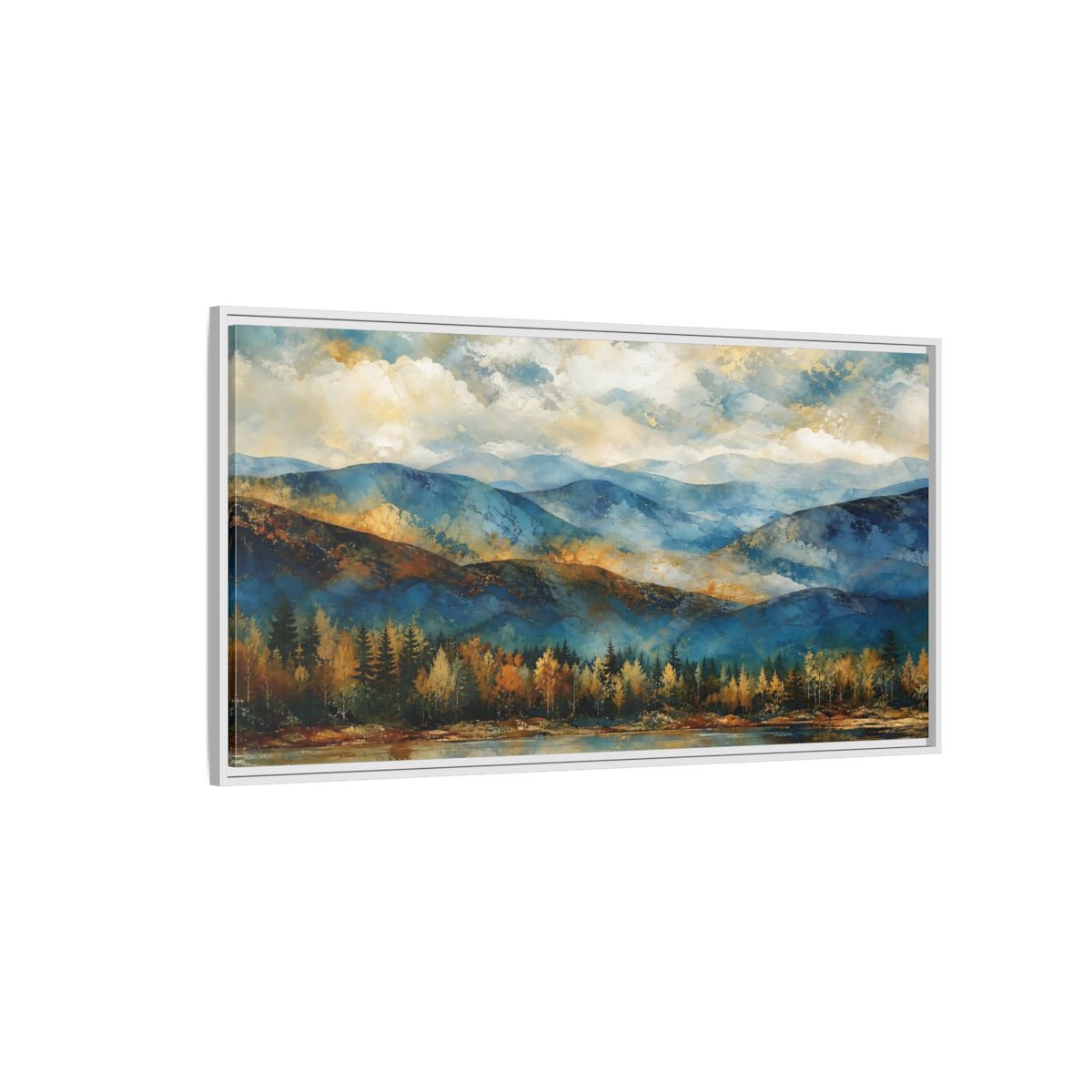 Side Mockup 3. Nature Mountain Lake Blue And Gold Landscape shown as stretched canvas wall art