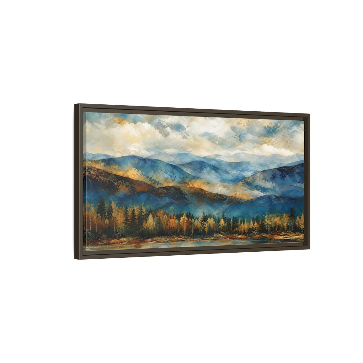 Main Mockup. Nature Mountain Lake Blue And Gold Landscape shown as stretched canvas wall art