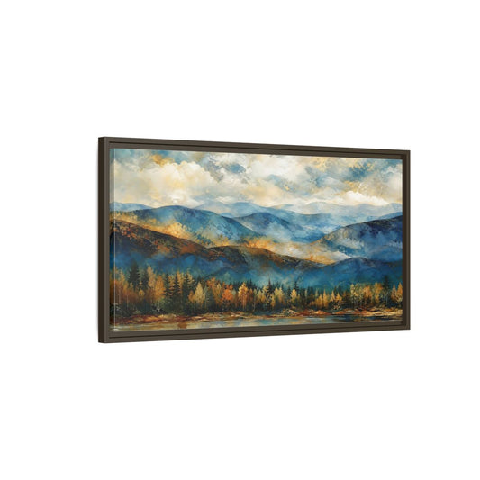 Main Mockup. Nature Mountain Lake Blue And Gold Landscape shown as stretched canvas wall art