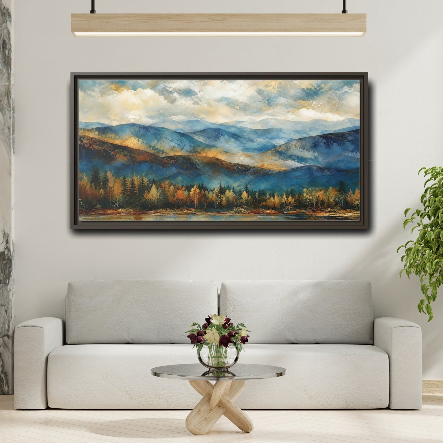 Mockup 2. Nature Mountain Lake Blue And Gold Landscape shown as stretched canvas wall art