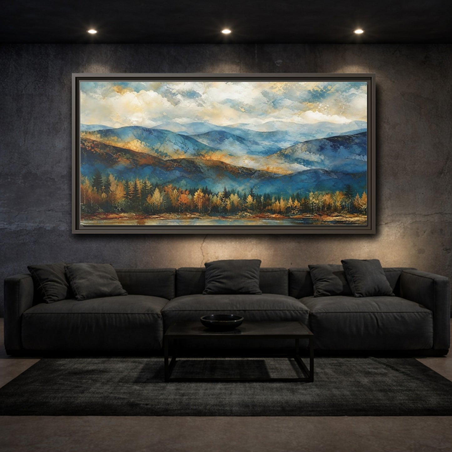Mockup 3. Nature Mountain Lake Blue And Gold Landscape shown as stretched canvas wall art
