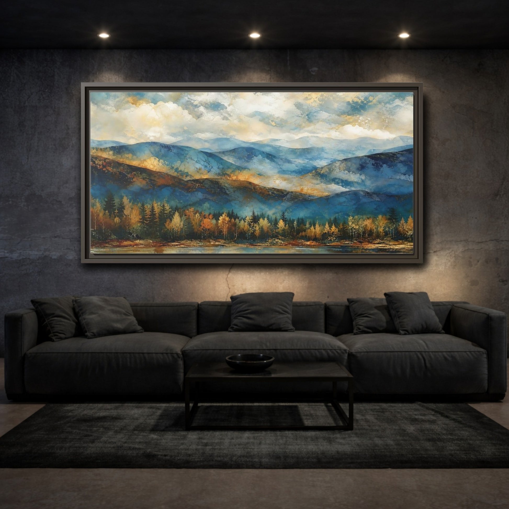 Mockup 3. Nature Mountain Lake Blue And Gold Landscape shown as stretched canvas wall art