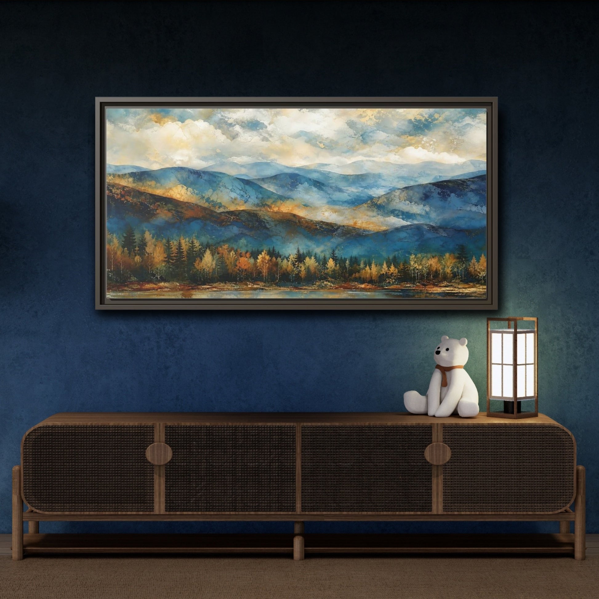 Mockup 4. Nature Mountain Lake Blue And Gold Landscape shown as stretched canvas wall art