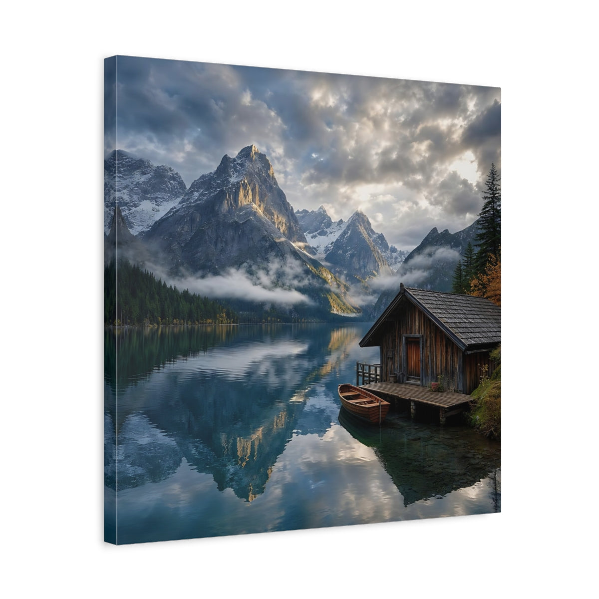 Side Mockup 5. Nature Mountain Lake Blue And Gray Landscape shown as stretched canvas wall art