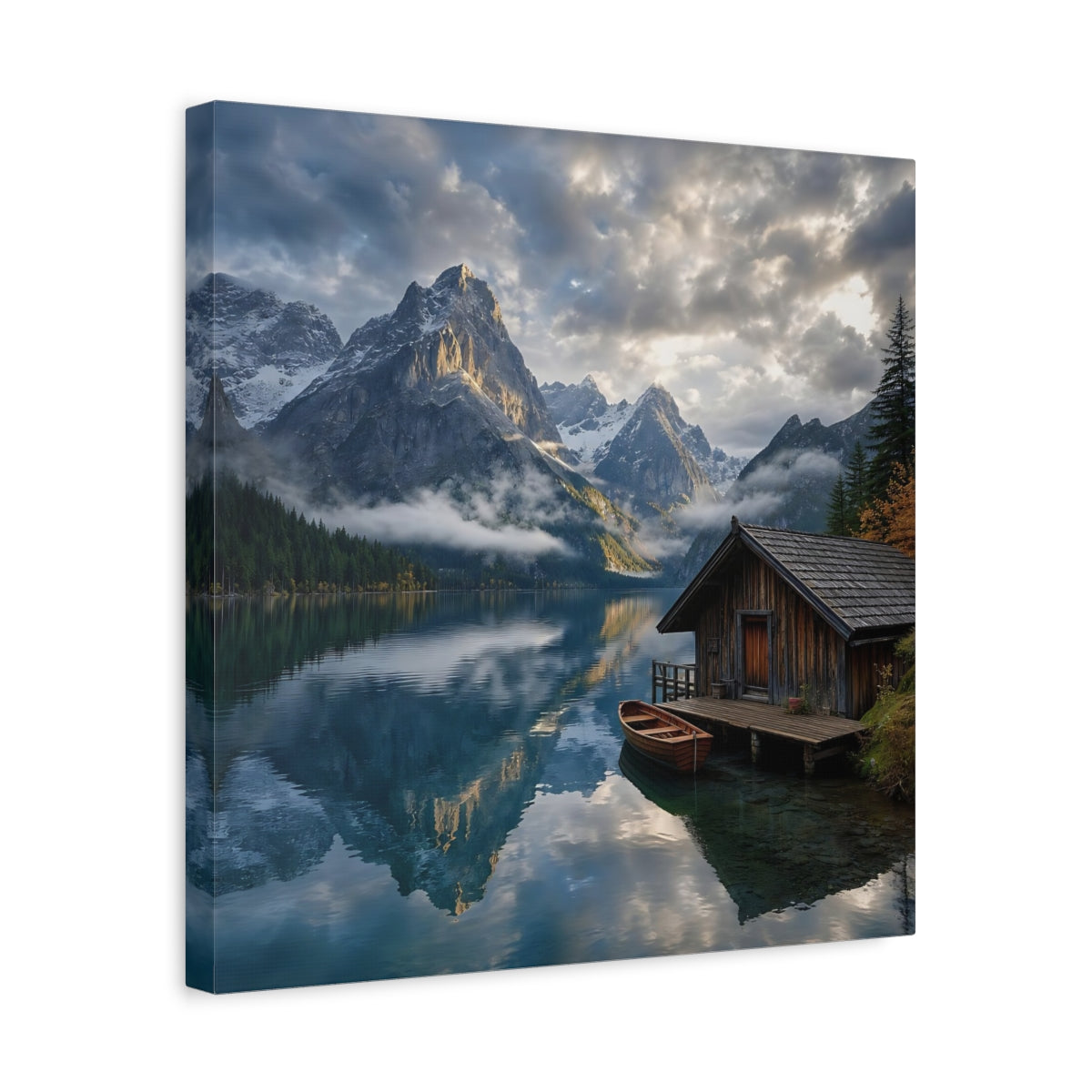 Side Mockup 6. Nature Mountain Lake Blue And Gray Landscape shown as stretched canvas wall art