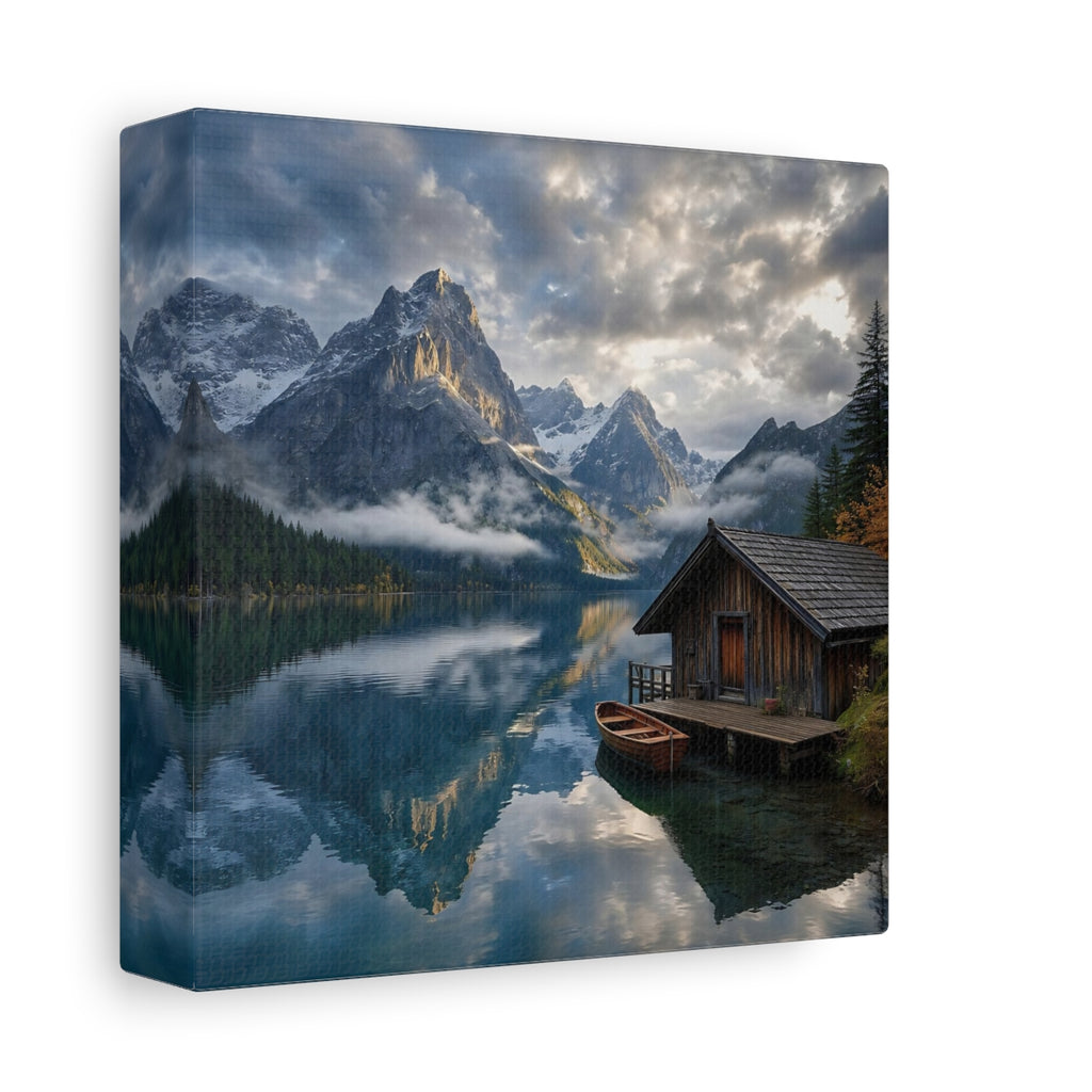 Side Mockup 2. Nature Mountain Lake Blue And Gray Landscape shown as stretched canvas wall art