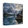 Side Mockup 2. Nature Mountain Lake Blue And Gray Landscape shown as stretched canvas wall art