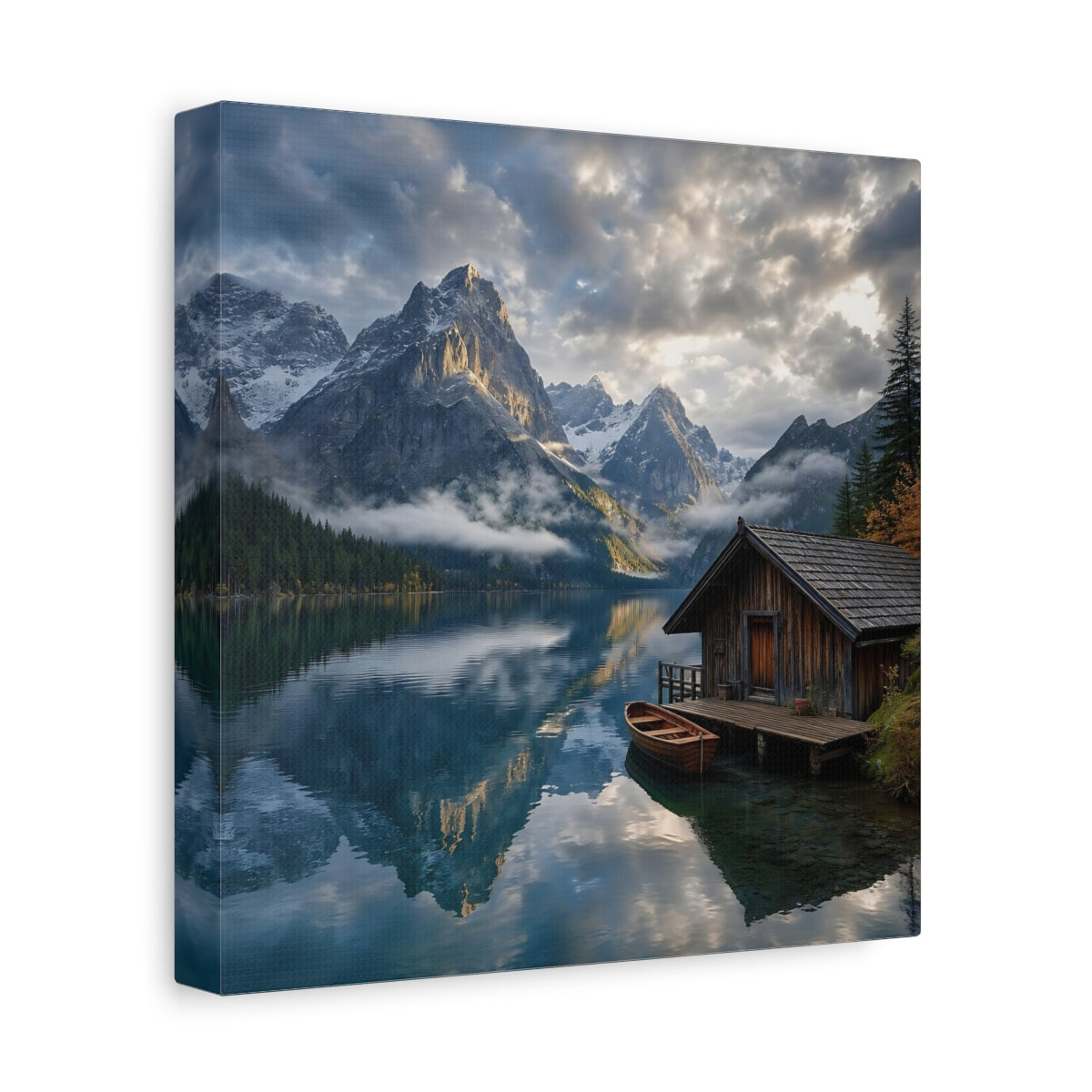 Side Mockup 9. Nature Mountain Lake Blue And Gray Landscape shown as stretched canvas wall art