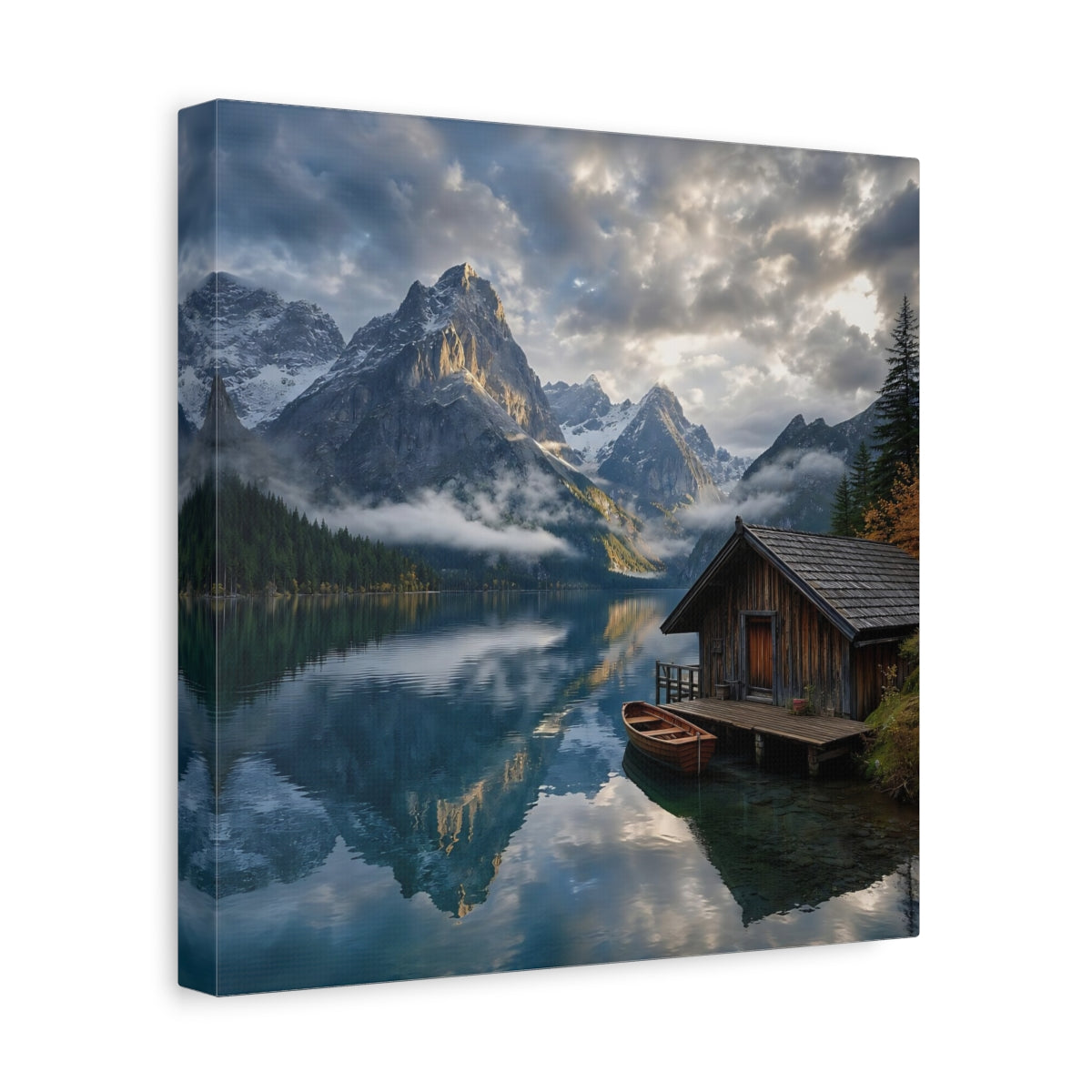 Side Mockup 8. Nature Mountain Lake Blue And Gray Landscape shown as stretched canvas wall art
