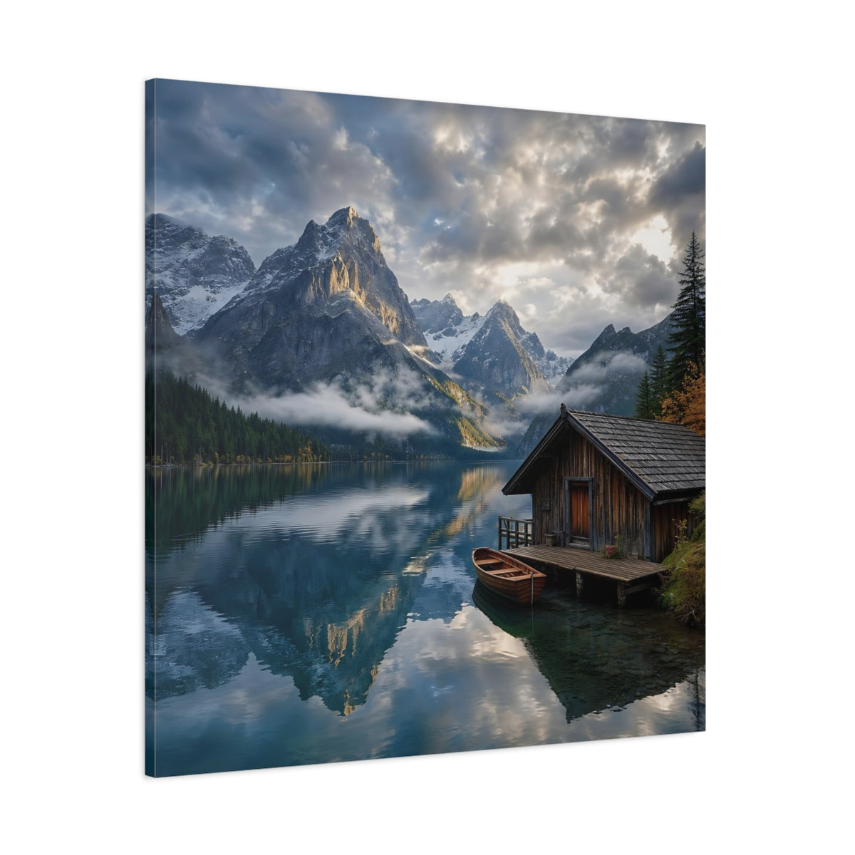 Side Mockup 1. Nature Mountain Lake Blue And Gray Landscape shown as stretched canvas wall art