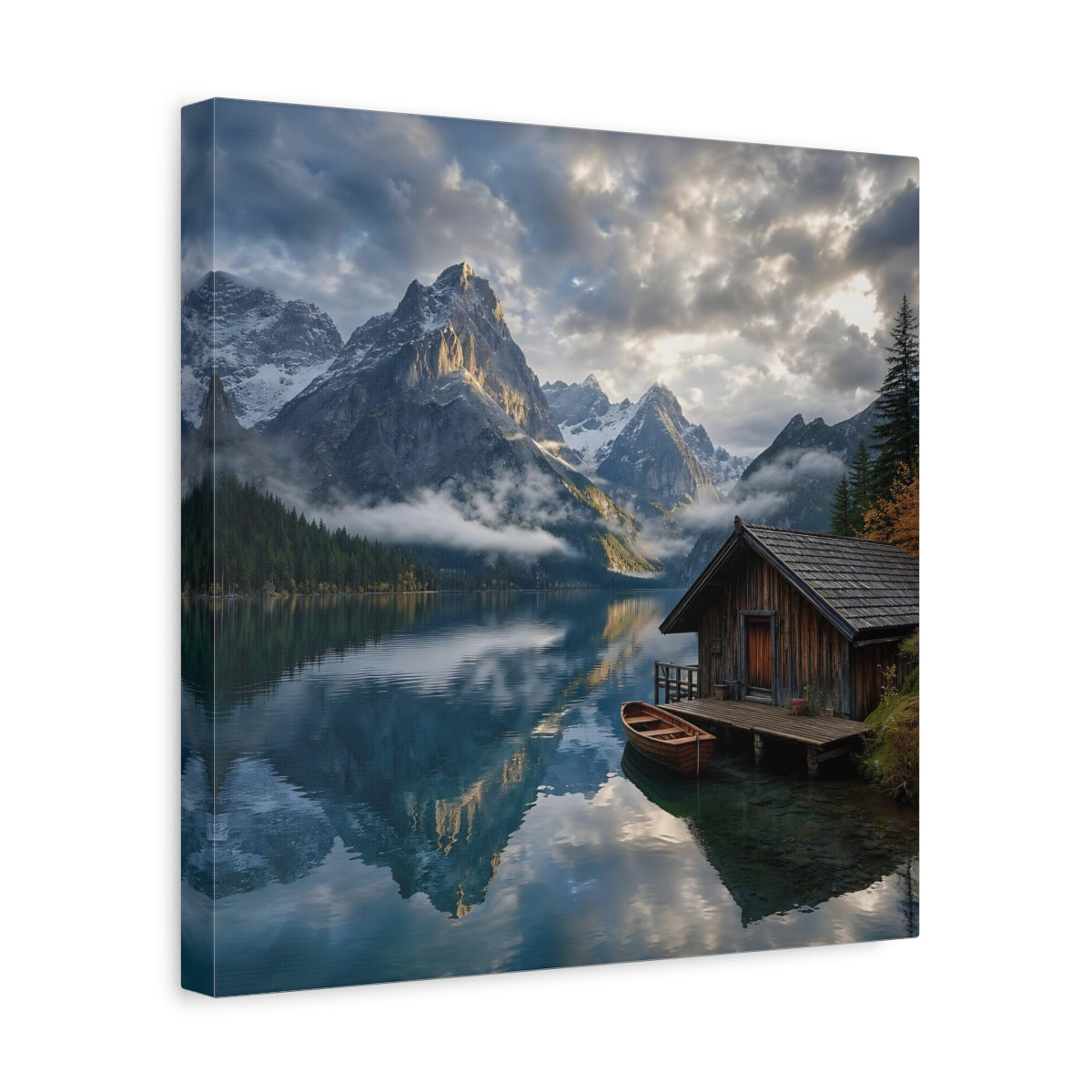 Side Mockup 7. Nature Mountain Lake Blue And Gray Landscape shown as stretched canvas wall art