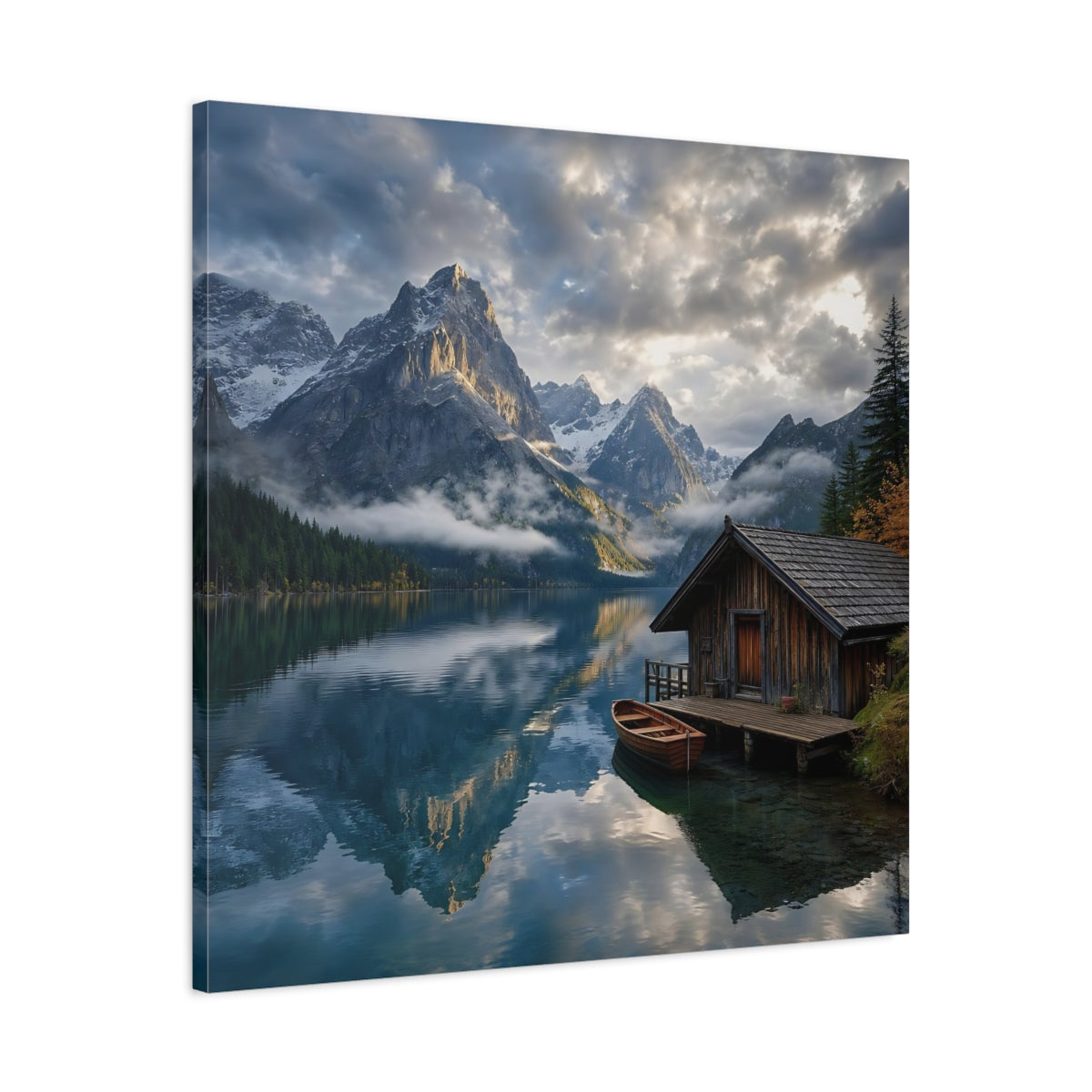 Side Mockup 3. Nature Mountain Lake Blue And Gray Landscape shown as stretched canvas wall art