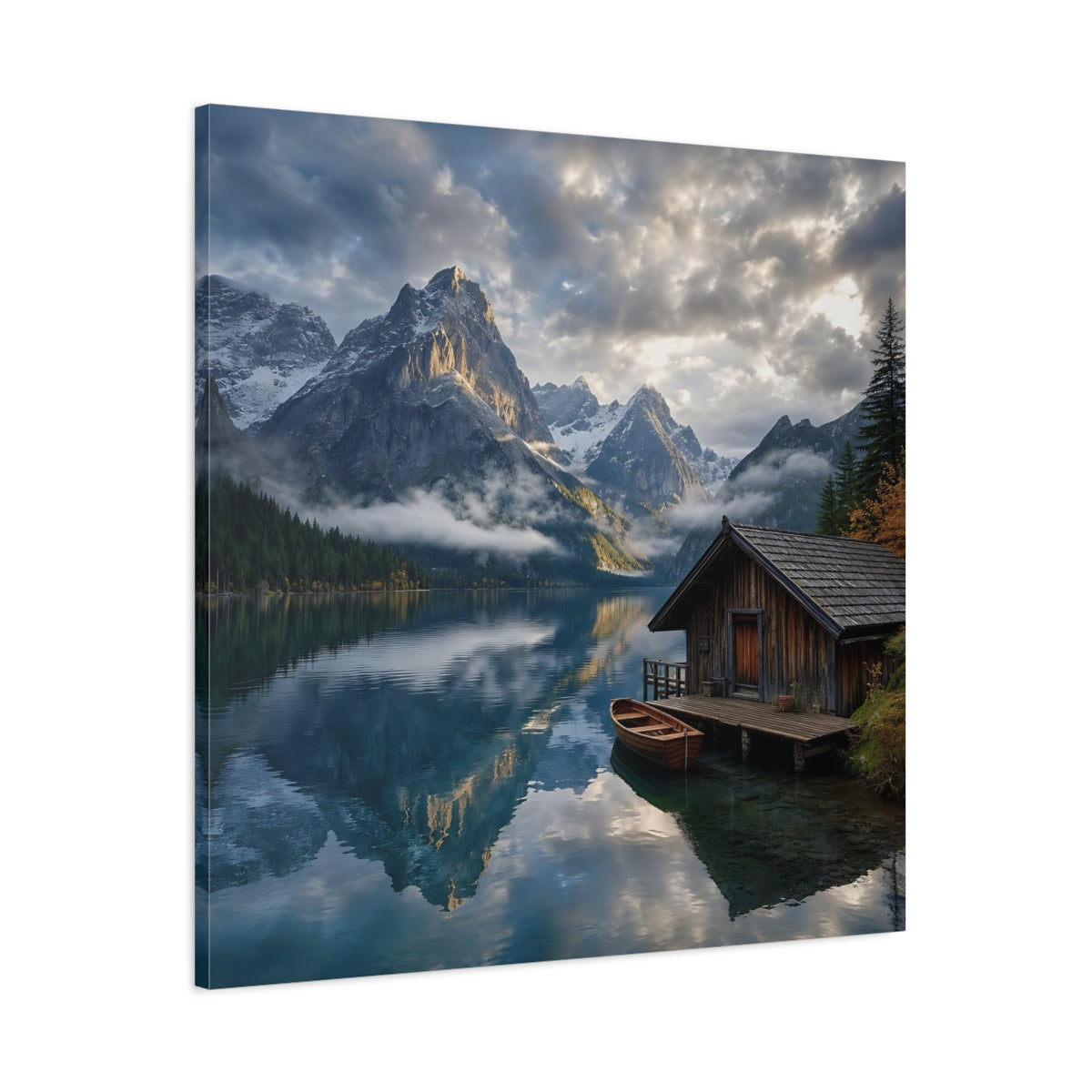 Main Mockup. Nature Mountain Lake Blue And Gray Landscape shown as stretched canvas wall art