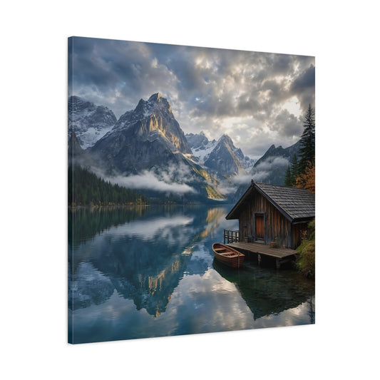 Main Mockup. Nature Mountain Lake Blue And Gray Landscape shown as stretched canvas wall art