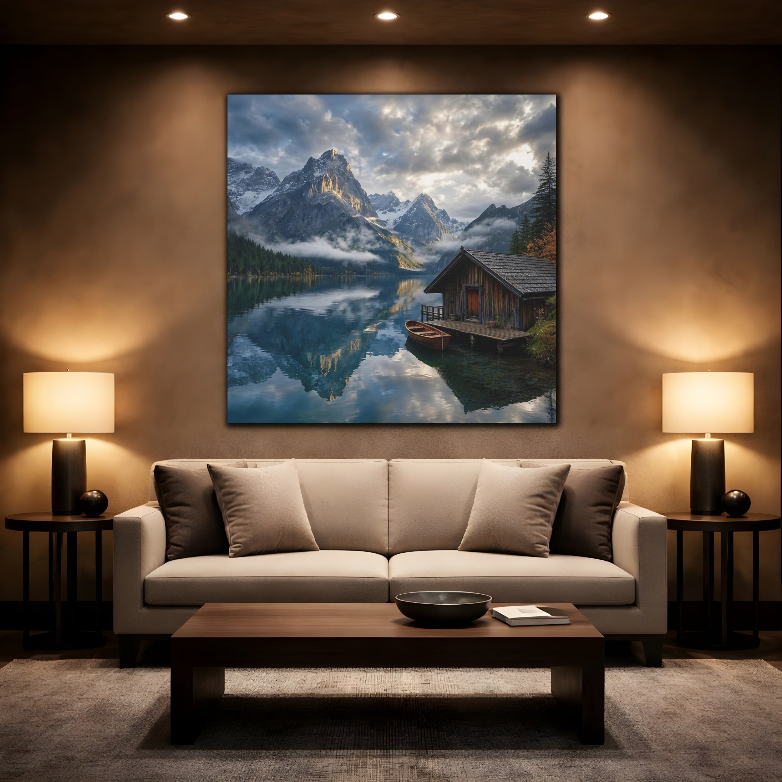 Mockup 2. Nature Mountain Lake Blue And Gray Landscape shown as stretched canvas wall art