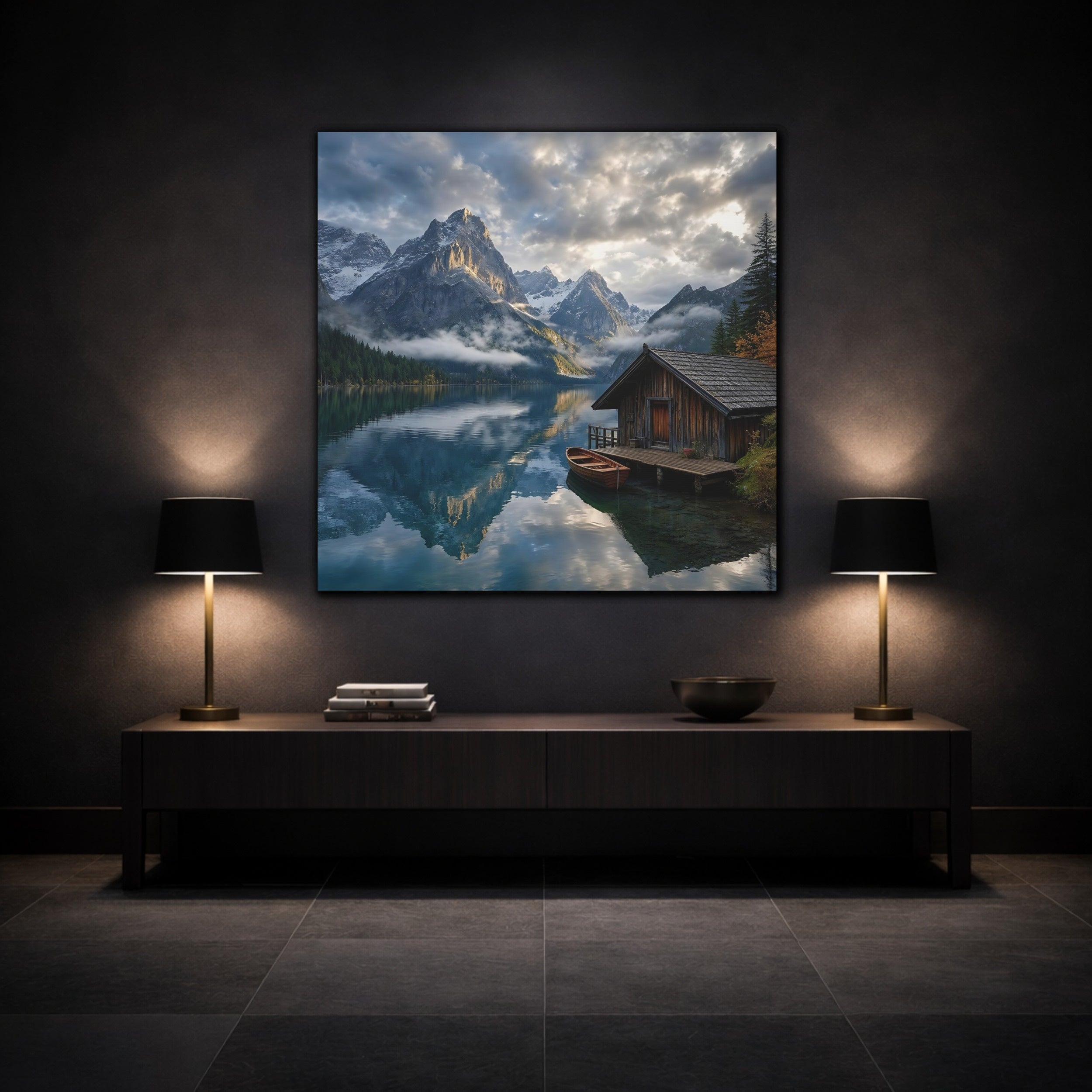 Mockup 3. Nature Mountain Lake Blue And Gray Landscape shown as stretched canvas wall art