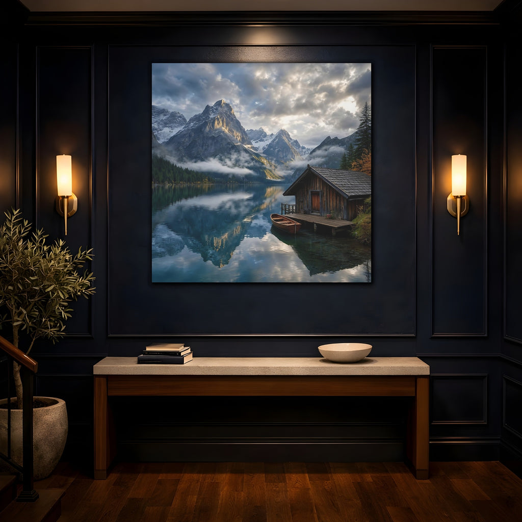 Mockup 4. Nature Mountain Lake Blue And Gray Landscape shown as stretched canvas wall art