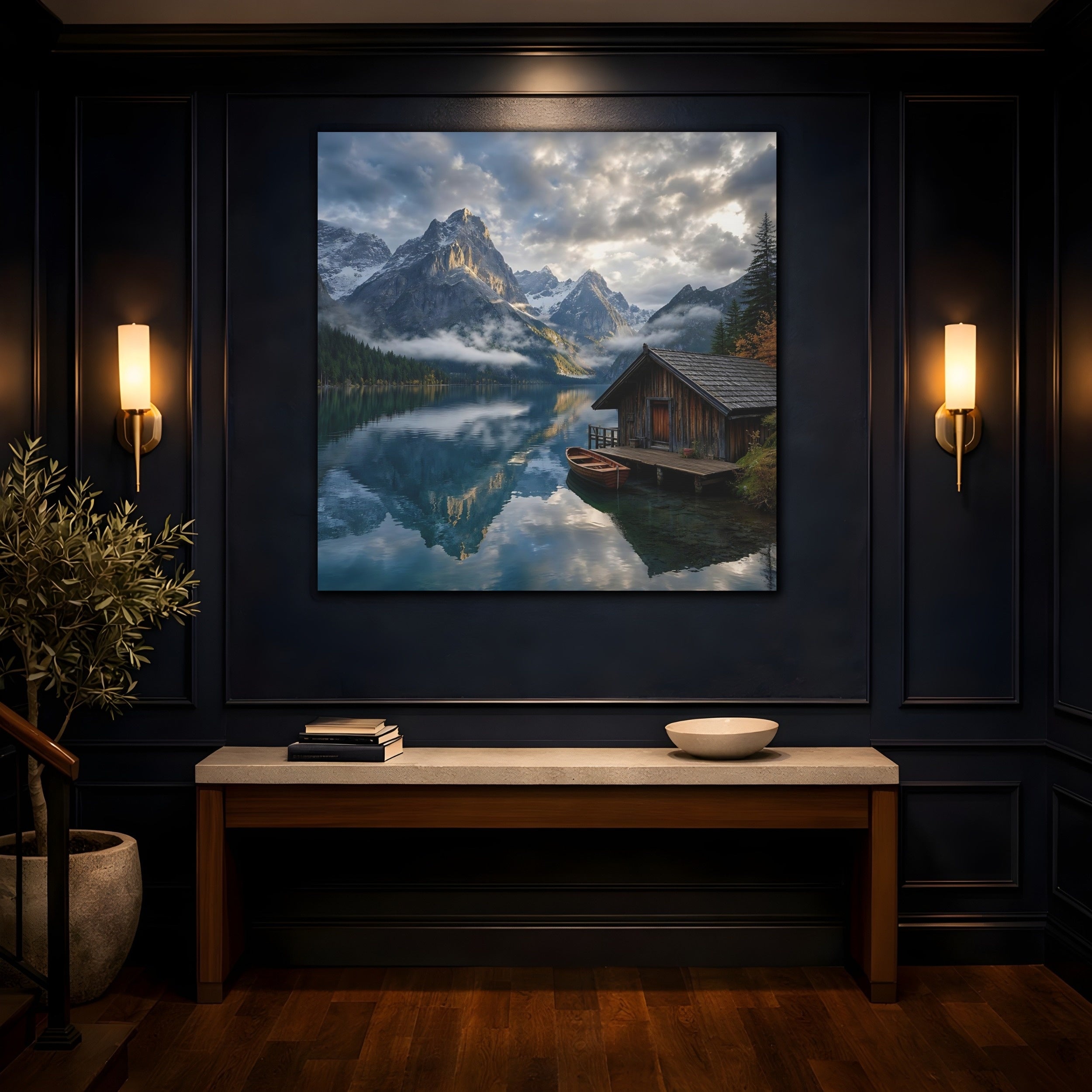 Mockup 4. Nature Mountain Lake Blue And Gray Landscape shown as stretched canvas wall art