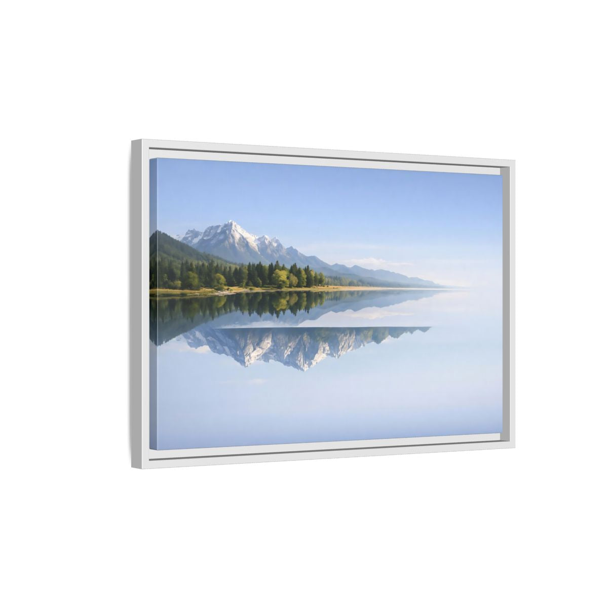 Side Mockup 1. Nature Mountain Lake Blue And Green shown as stretched canvas wall art