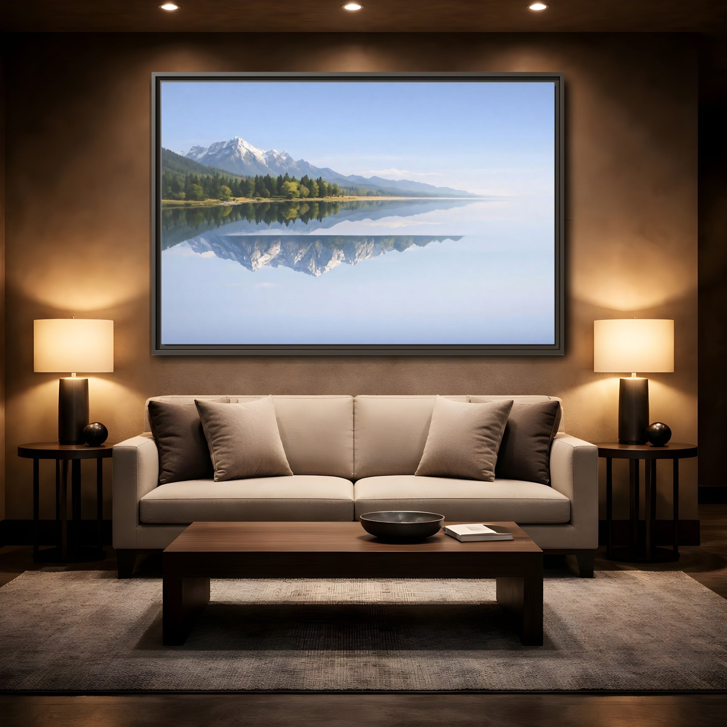 Mockup 2. Nature Mountain Lake Blue And Green shown as stretched canvas wall art