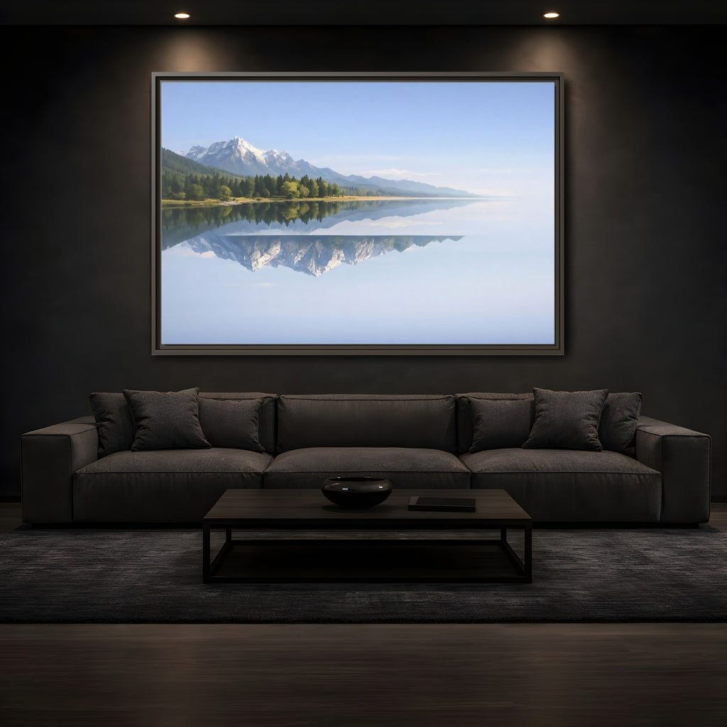 Mockup 3. Nature Mountain Lake Blue And Green shown as stretched canvas wall art