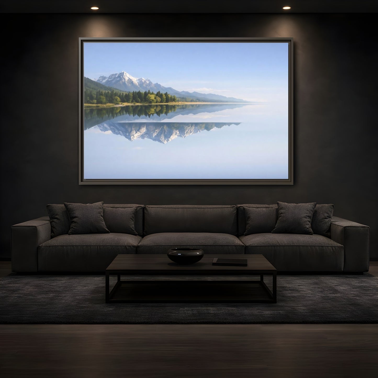 Mockup 3. Nature Mountain Lake Blue And Green shown as stretched canvas wall art