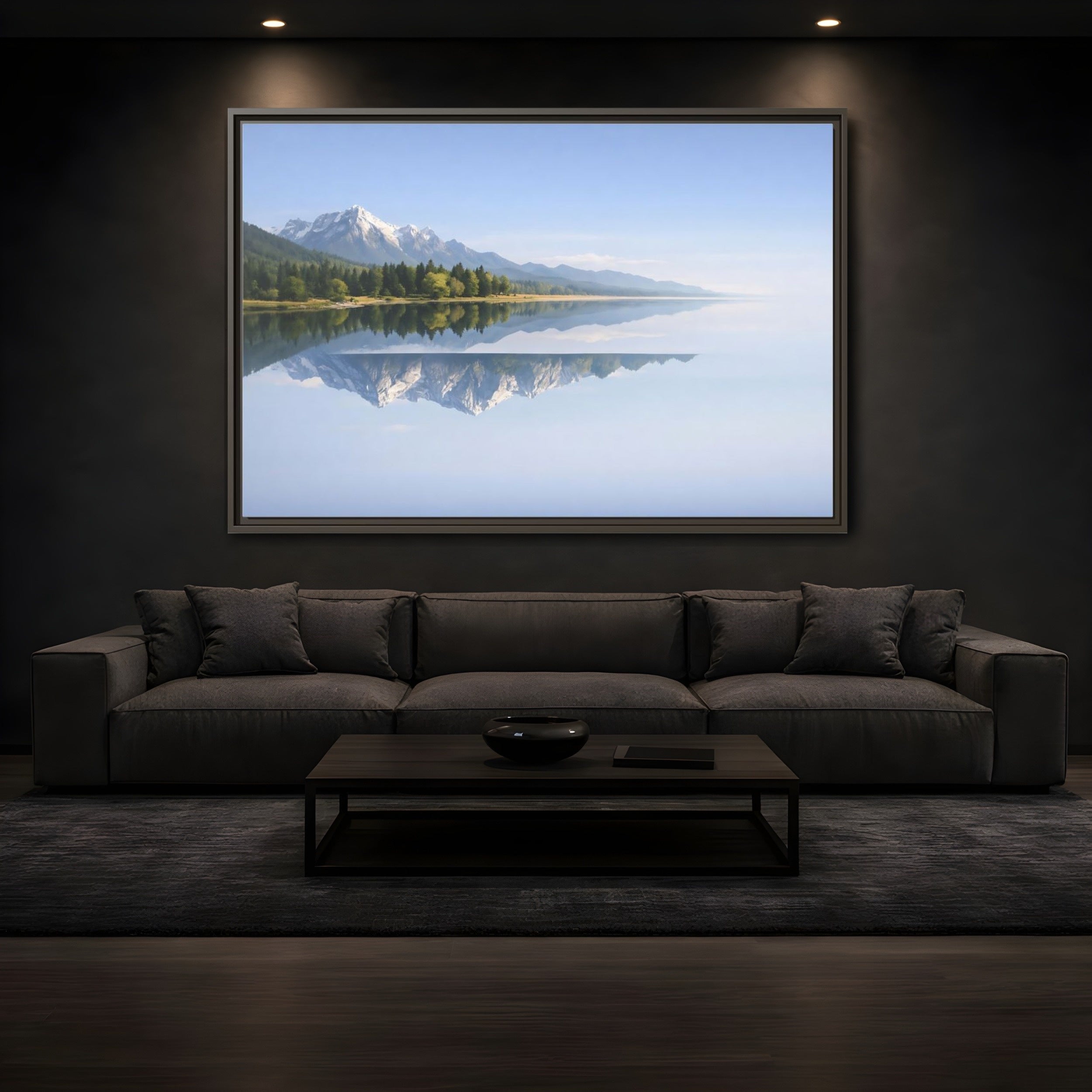Mockup 3. Nature Mountain Lake Blue And Green shown as stretched canvas wall art