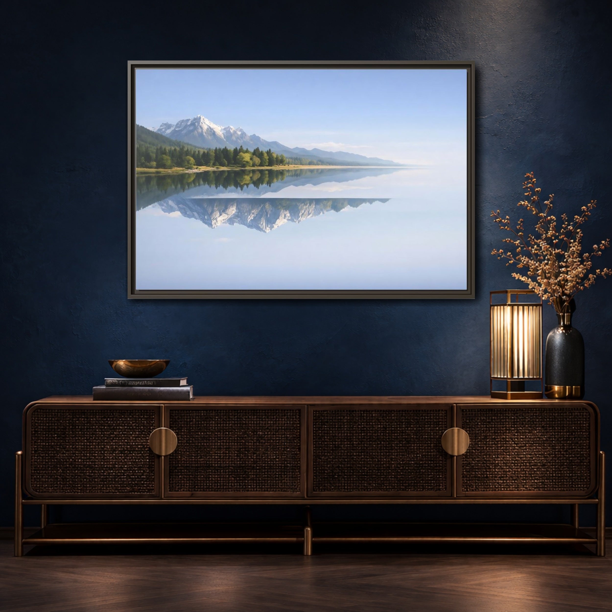 Mockup 4. Nature Mountain Lake Blue And Green shown as stretched canvas wall art