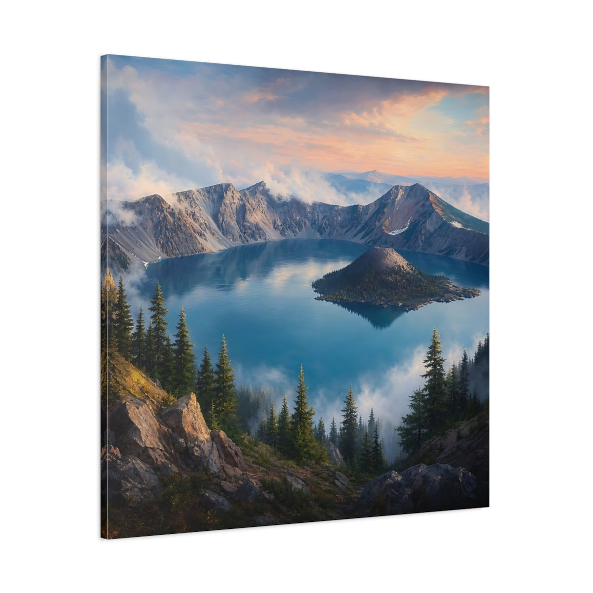 Side Mockup 1. Nature Mountain Lake Blue Lake Mountains shown as stretched canvas wall art