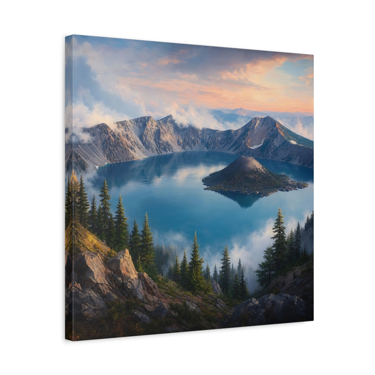 Side Mockup 5. Nature Mountain Lake Blue Lake Mountains shown as stretched canvas wall art