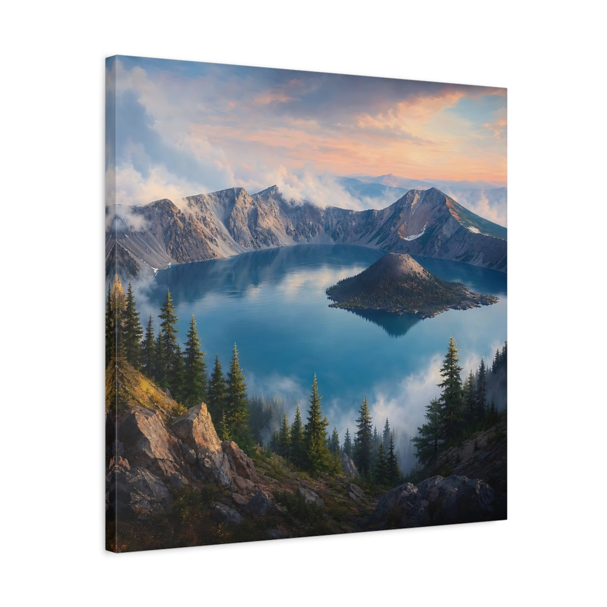 Side Mockup 4. Nature Mountain Lake Blue Lake Mountains shown as stretched canvas wall art