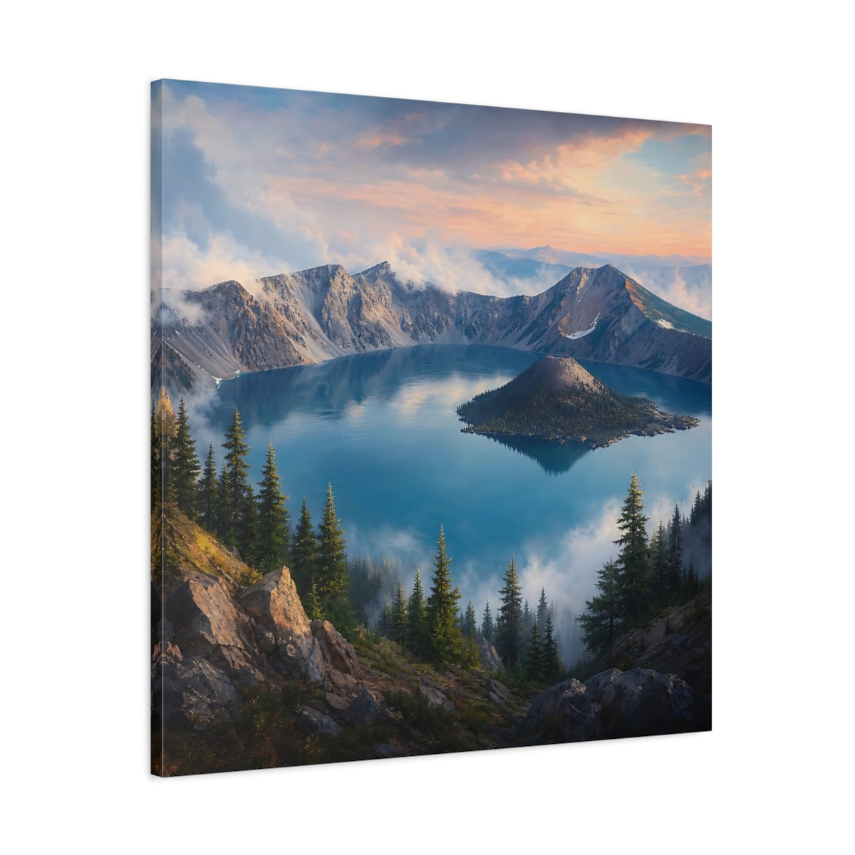 Side Mockup 3. Nature Mountain Lake Blue Lake Mountains shown as stretched canvas wall art