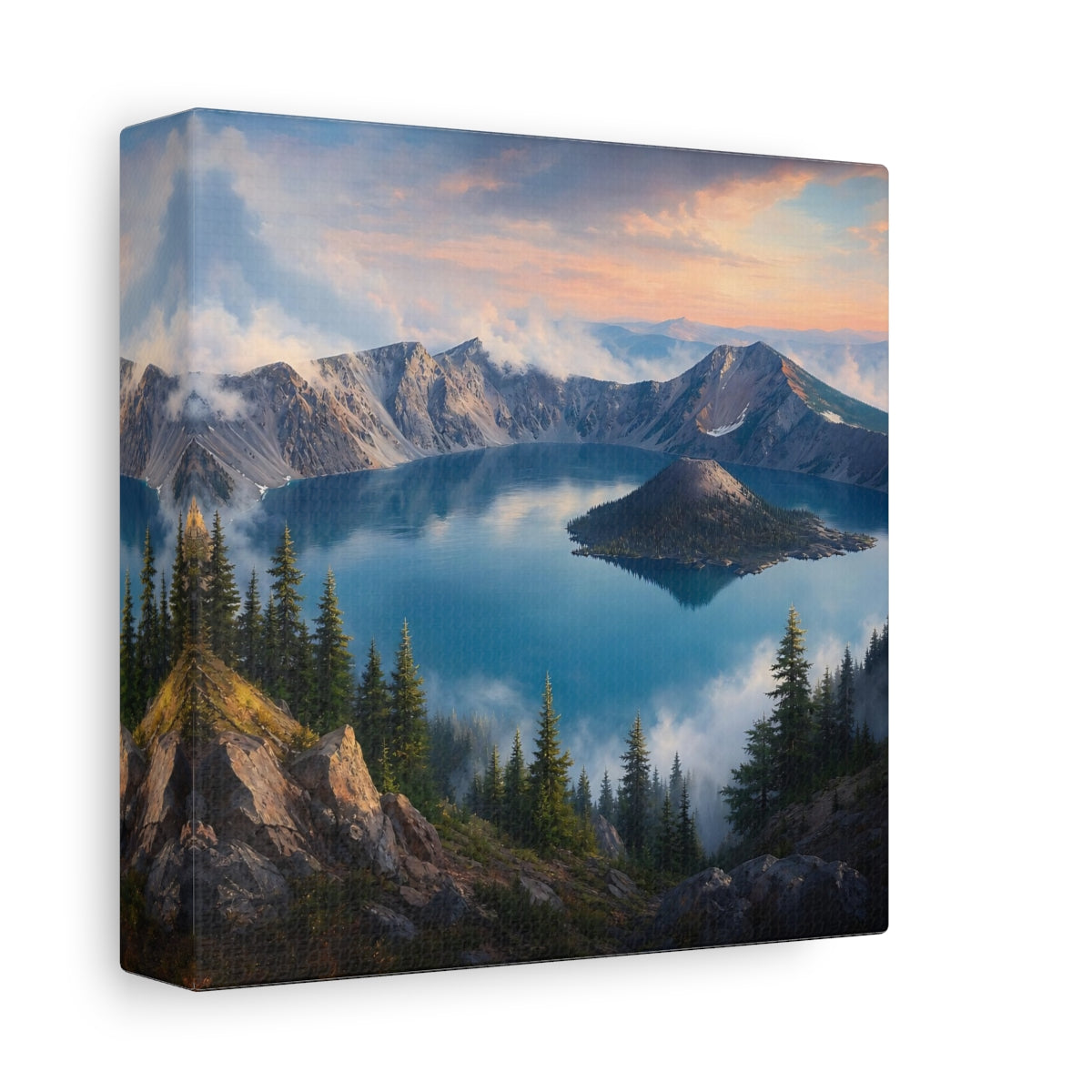 Side Mockup 2. Nature Mountain Lake Blue Lake Mountains shown as stretched canvas wall art