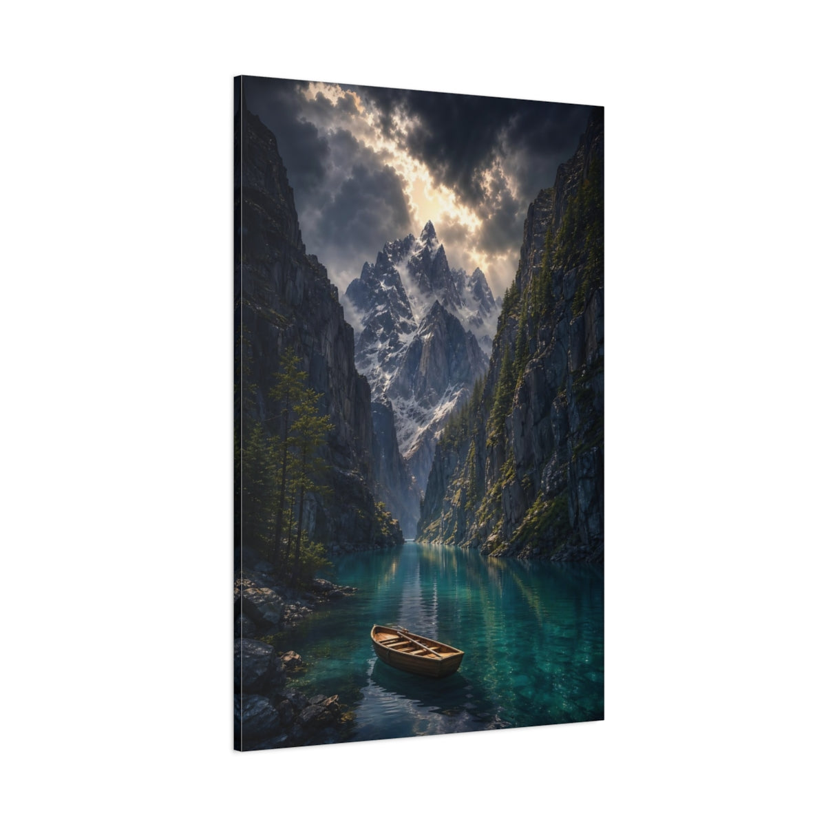 Side Mockup 1. Nature Mountain Lake Blue Mountain Lake shown as stretched canvas wall art