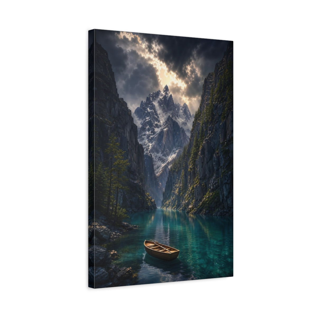 Side Mockup 3. Nature Mountain Lake Blue Mountain Lake shown as stretched canvas wall art